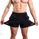 Close-up of 360-degree stretch fabric on A7 360Go Shorts – Black, designed for unrestricted movement during lifting.