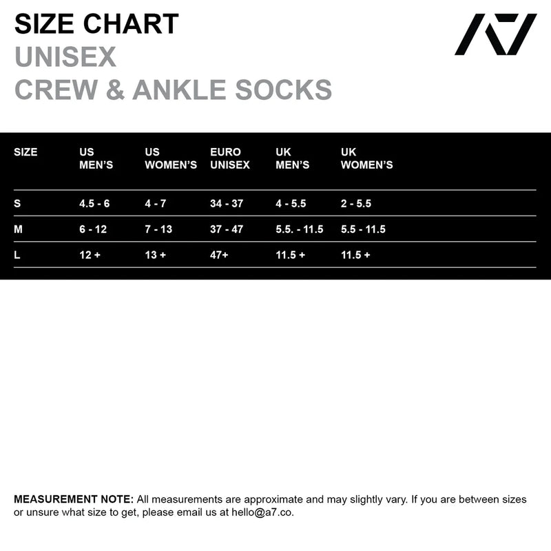 Crew Socks - Stealth size chart
