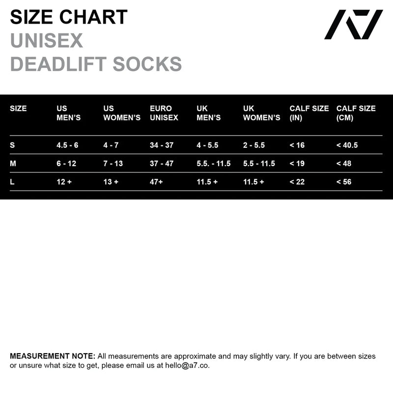 Deadlift Socks - Stealth size chart